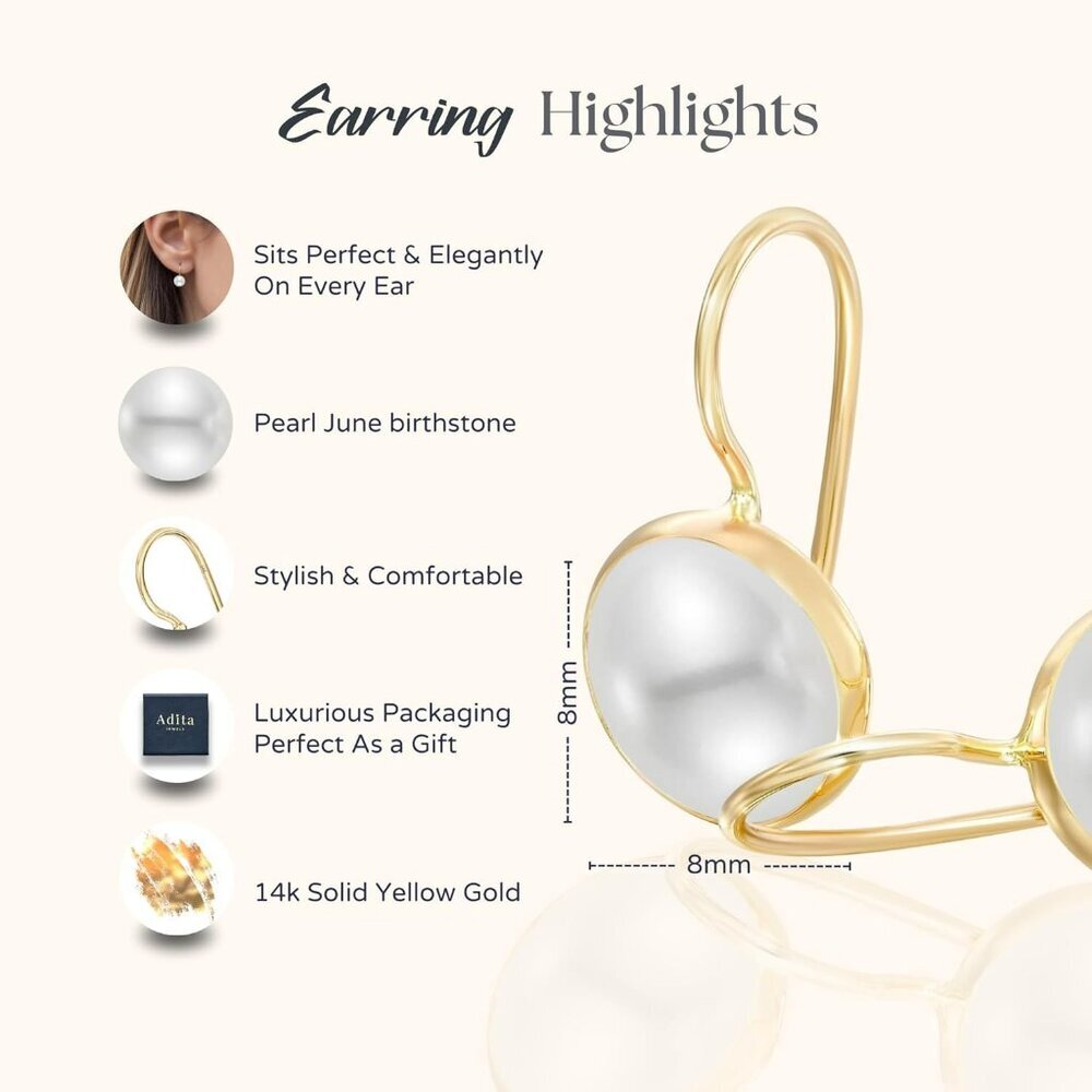 14k Solid Yellow Gold Pearl Earrings - June Birthstone Earrings - 8mm Dangle Ear - Picture 6 of 7
